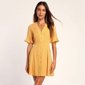 NWT Lulu's Yellow Print Button-Up Dress